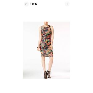 GUESS Bodycon Printed Sheath Mesh Midi Floral banded Dress Sleeveless sz. 4 Blac